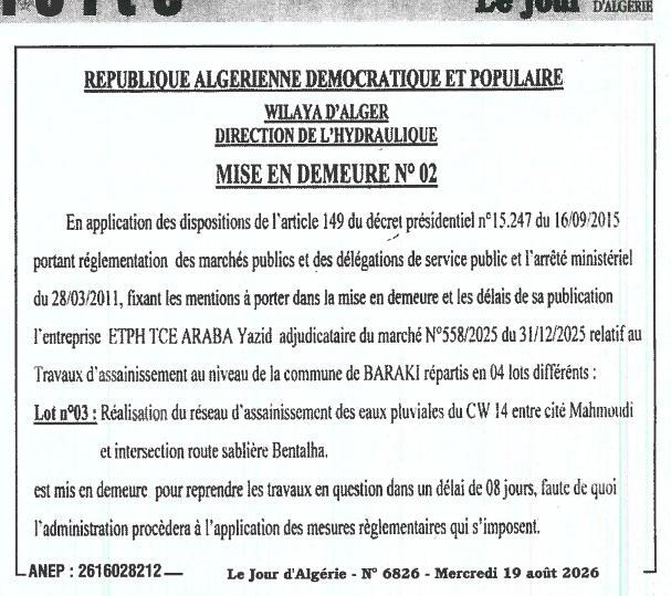Mise en demeure pour travaux d'assainissement dans la commune de Baraki
