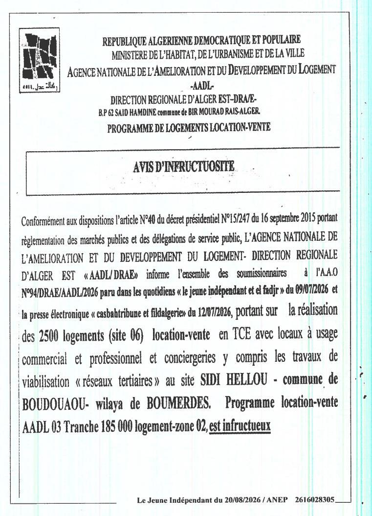 Avis d'infructuosité - Réalisation de 2500 logements location-vente (site 06) à Sidi Hellou, Boudouaou