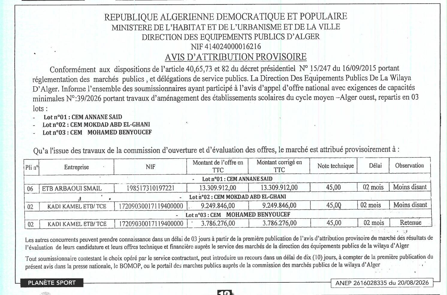 Avis d'attribution provisoire de marché pour travaux d'aménagement d'établissements scolaires