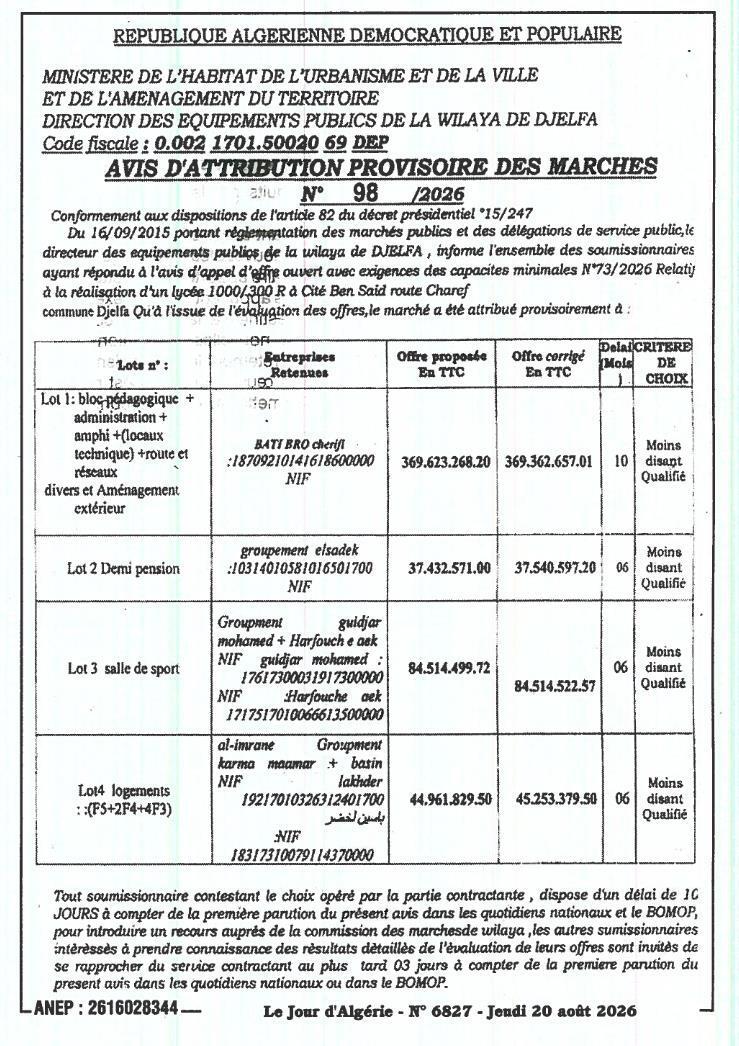Avis d'attribution provisoire pour la réalisation d'un lycée 1000/300 places à Djelfa