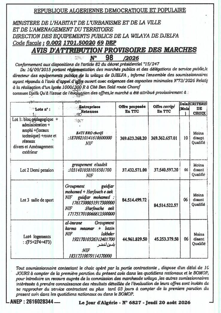 Avis d'attribution provisoire pour la réalisation d'un lycée 1000/300 places à Djelfa