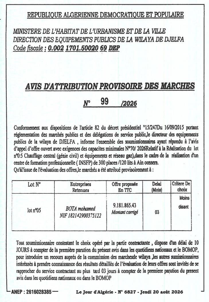 Avis d'attribution provisoire pour la réalisation du lot n°05 (chauffage central, génie civil et réseau gaz) d'un centre de formation professionnelle