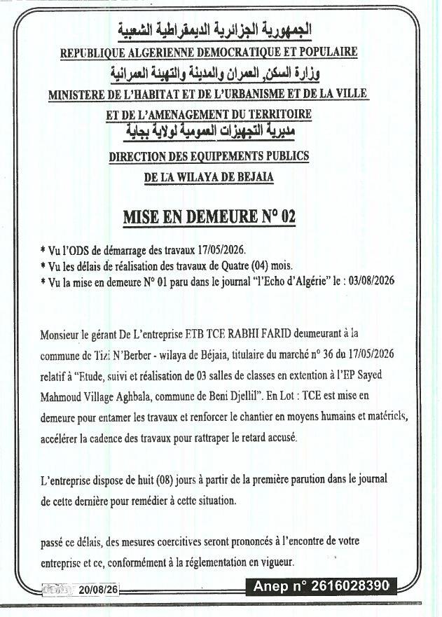 Mise en demeure relative à l'étude, au suivi et à la réalisation de trois salles de classes