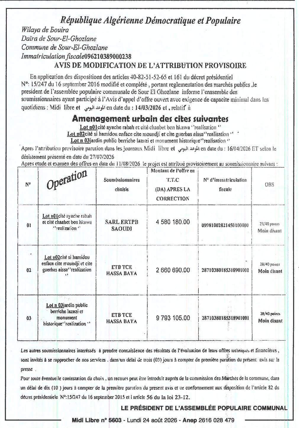 Avis de modification de l'attribution provisoire pour l'aménagement urbain de plusieurs cités et d'un jardin public