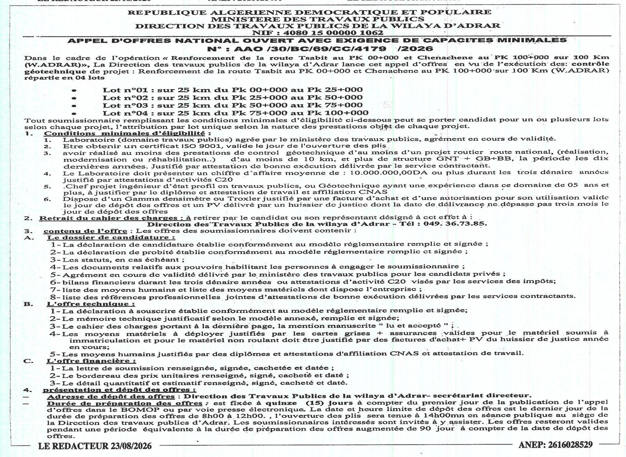 Appel d'offres national ouvert avec exigence de capacités minimales pour le contrôle géotechnique de renforcement de route (Tsabit - Chenachene, 100 km, Wilaya d'Adrar)
