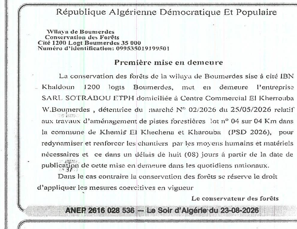 Première mise en demeure relative aux travaux d'aménagement de pistes forestières