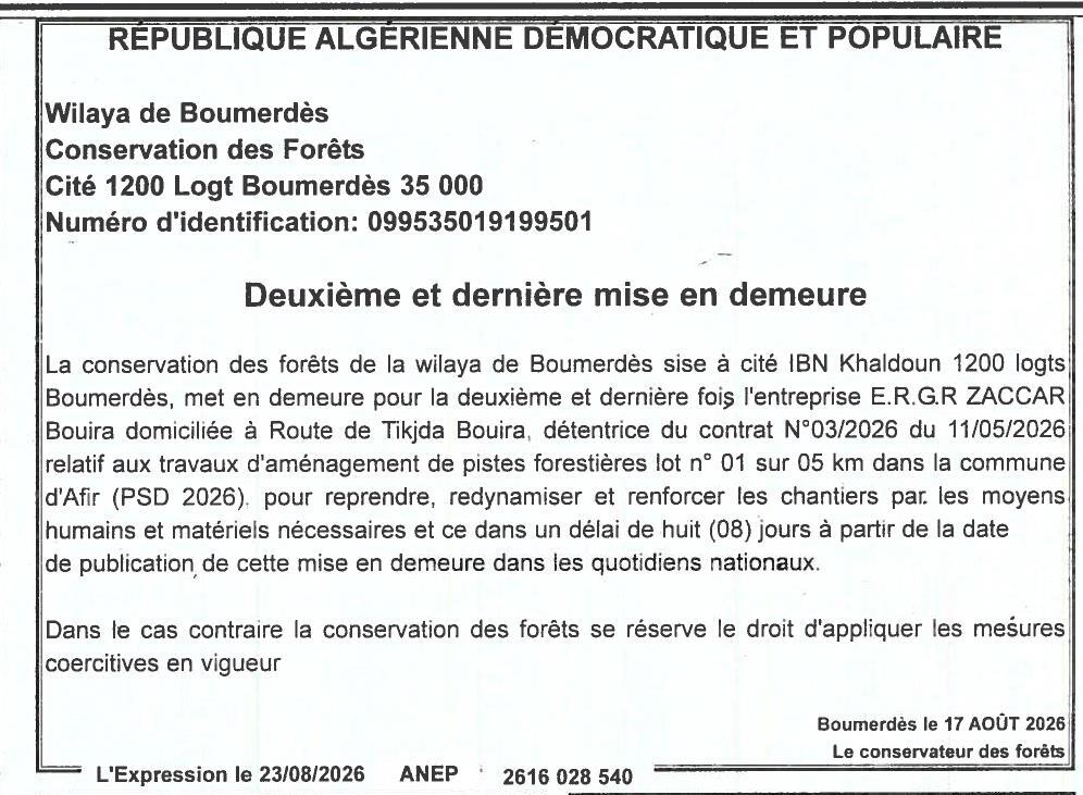 Deuxième et dernière mise en demeure pour travaux d'aménagement de pistes forestières