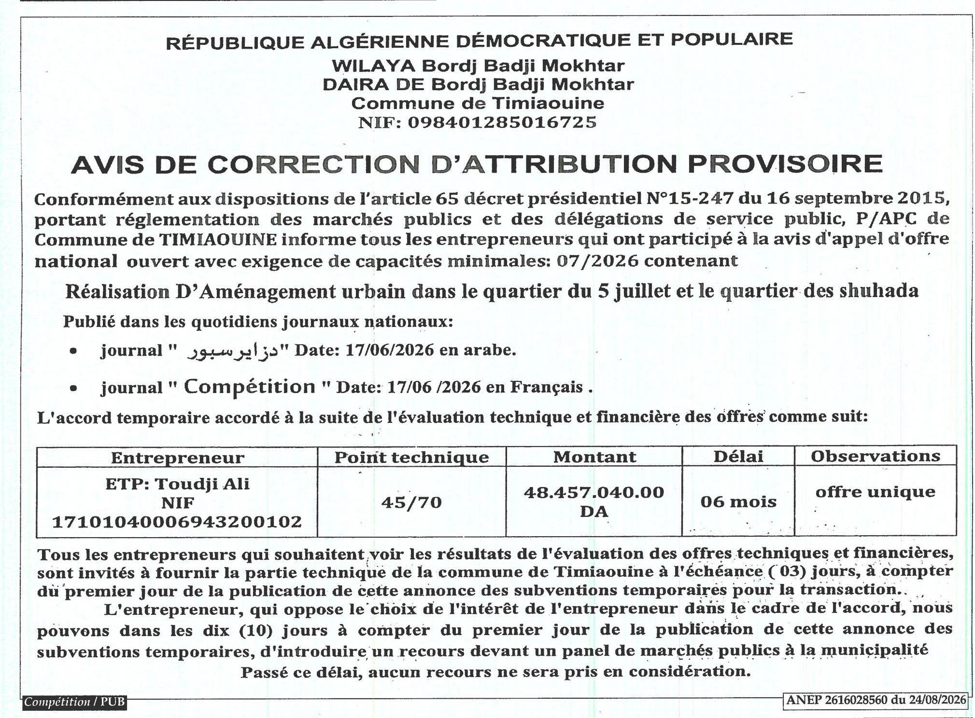 Avis de correction d'attribution provisoire