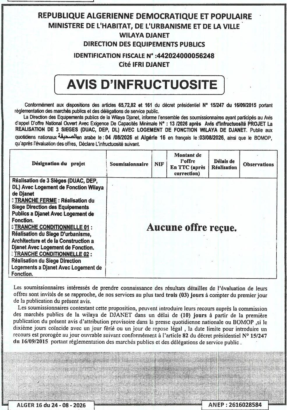 Avis d'infructuosité pour la réalisation de trois sièges administratifs avec logements de fonction à Djanet