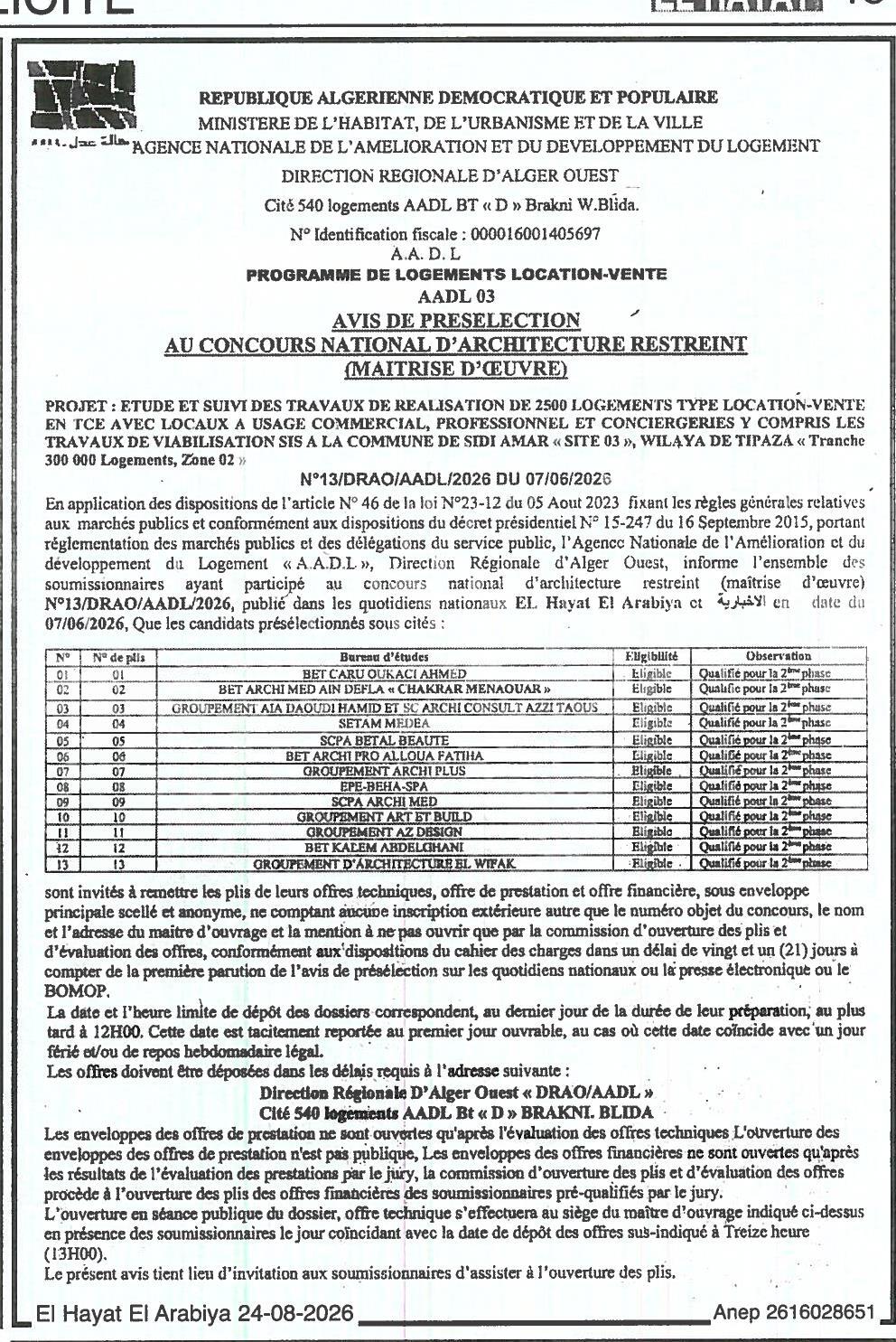 Avis de présélection au concours national d'architecture restreint (maîtrise d'œuvre) pour l'étude et le suivi des travaux de réalisation de 2500 logements