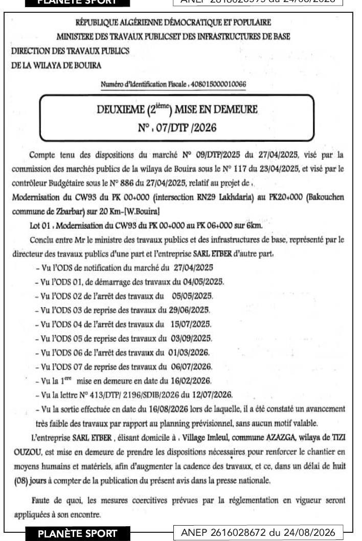Deuxième mise en demeure relative à la modernisation du CW93 (PK 00+000 à PK 20+000) sur 20 km - Lot 01 (PK 00+000 à PK 06+000)