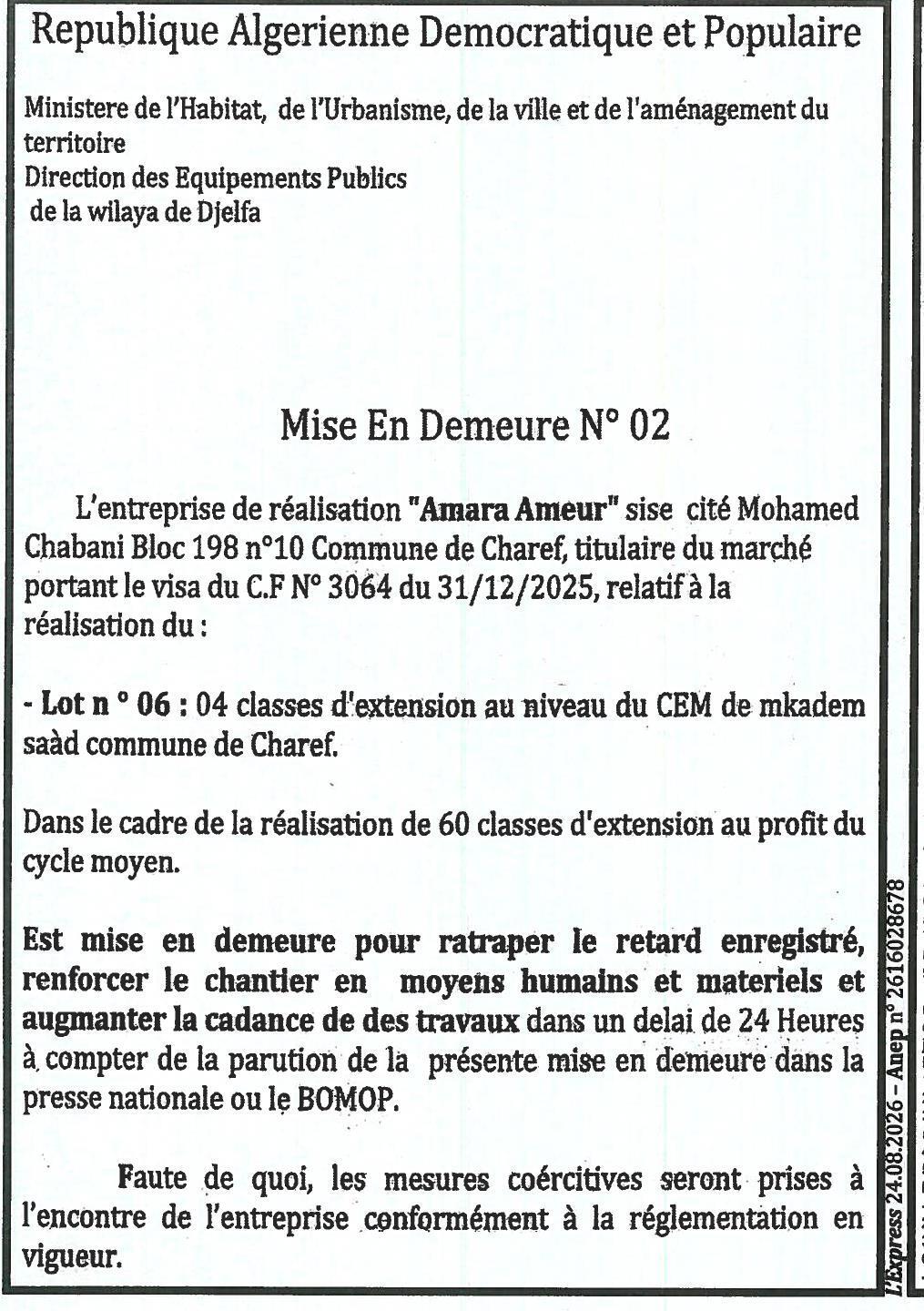 Mise en demeure pour retard de réalisation de classes d'extension au CEM de Charef