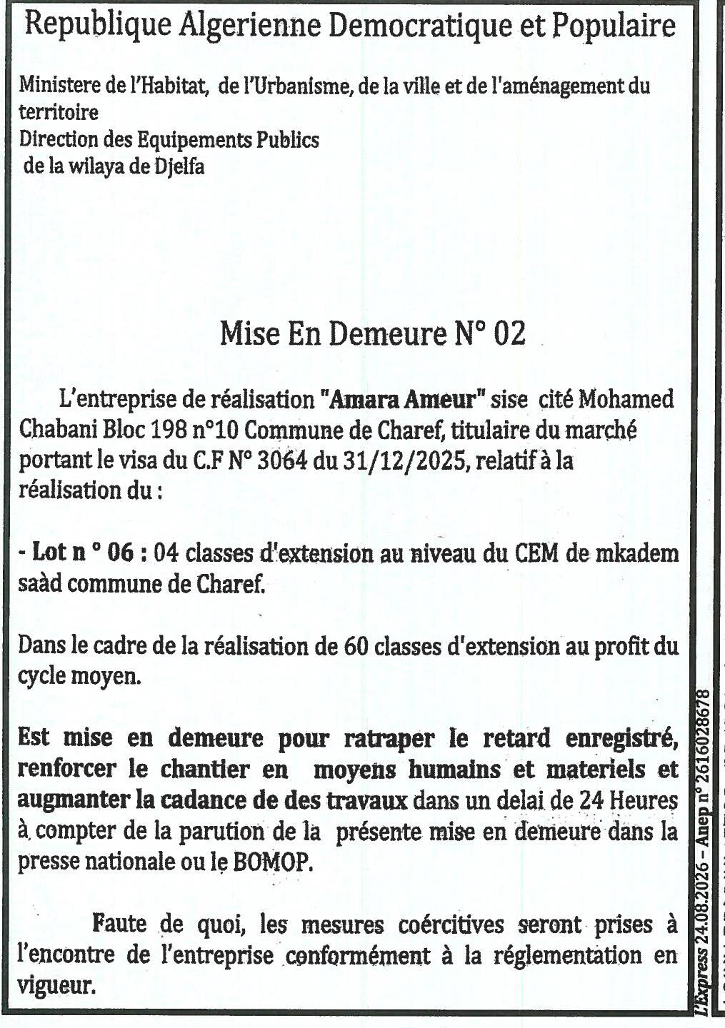 Mise en demeure pour retard de réalisation de classes d'extension au CEM de Charef