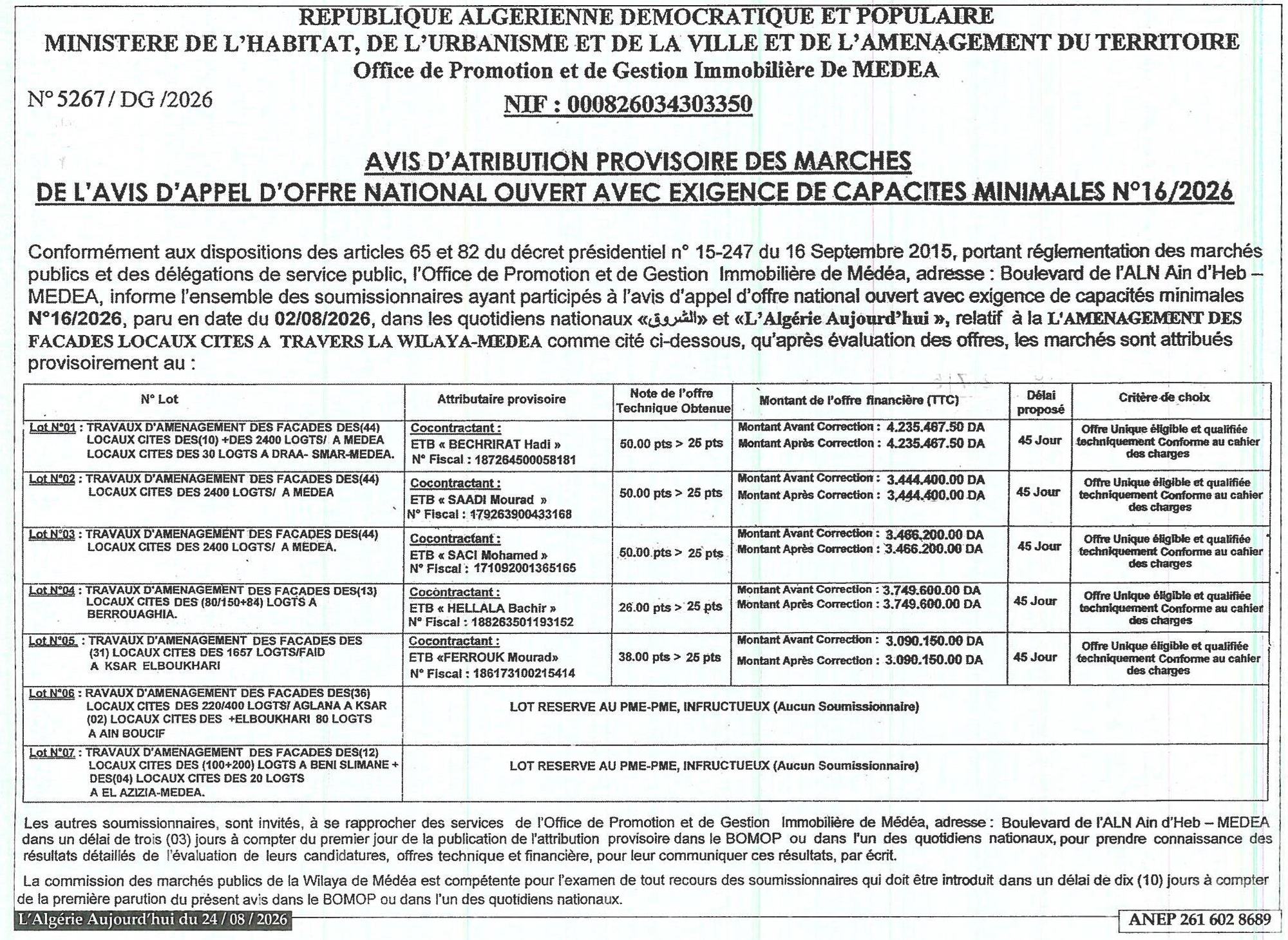 Avis d'attribution provisoire des marchés de l'aménagement des façades de locaux cités à travers la wilaya de Médéa