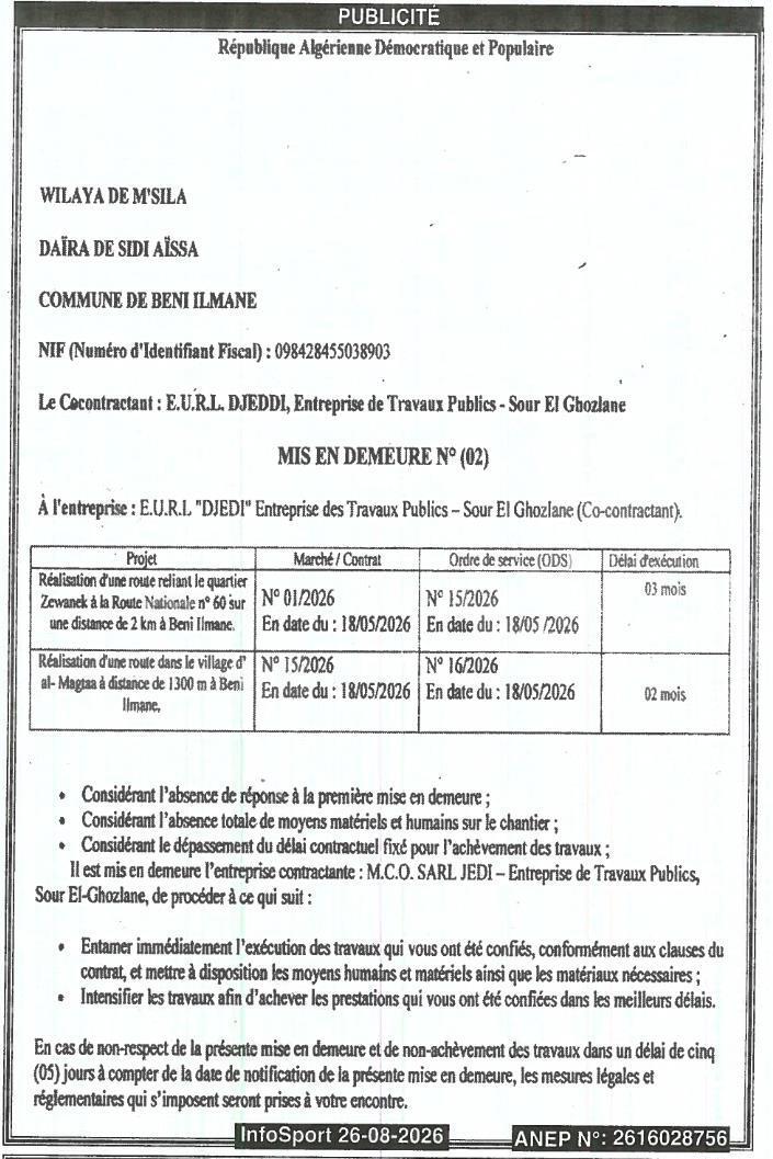 Mise en demeure à l'entreprise EURL DJEDDI pour non-exécution de travaux publics