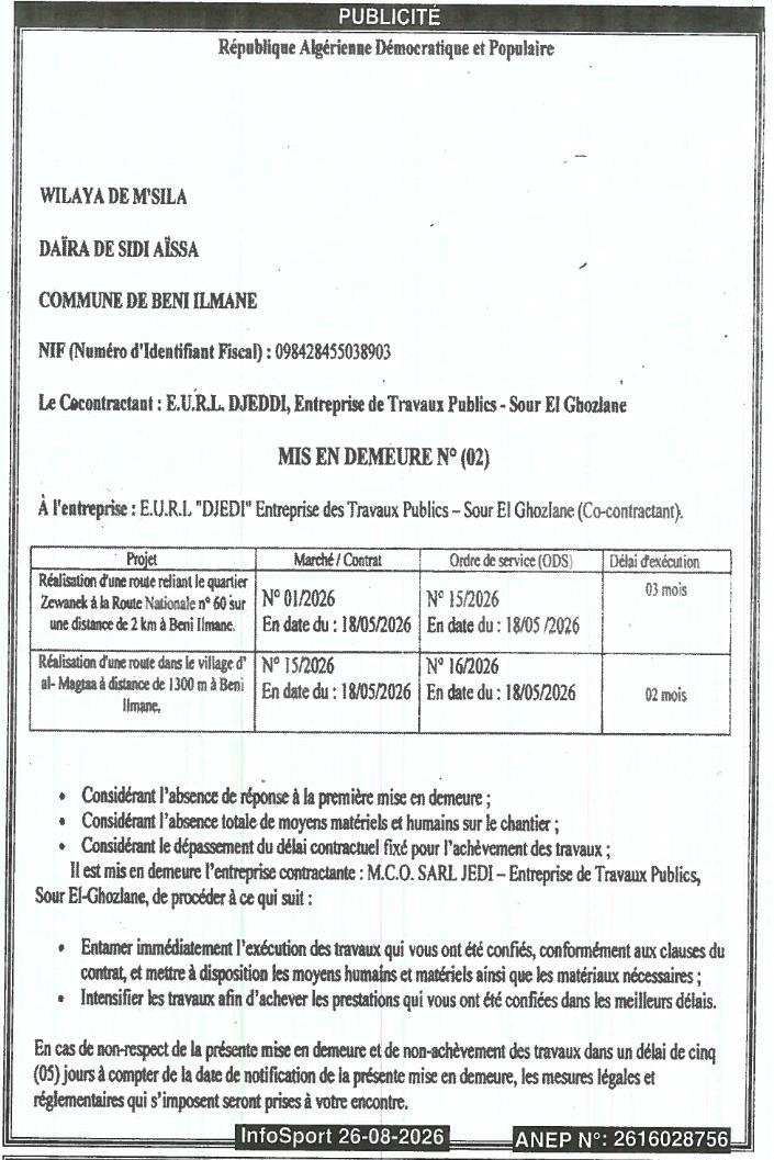 Mise en demeure à l'entreprise EURL DJEDDI pour non-exécution de travaux publics
