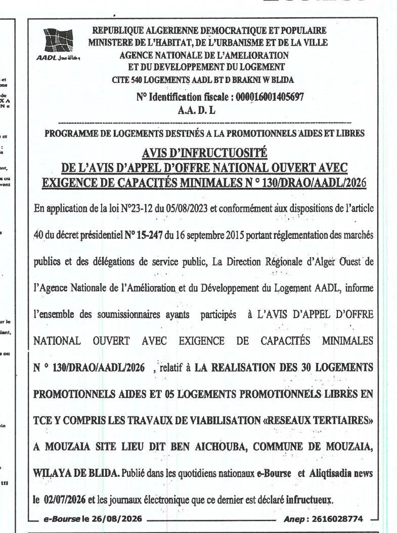 Avis d'infructuosité relatif à la réalisation de logements promotionnels à Mouzaïa (Blida)