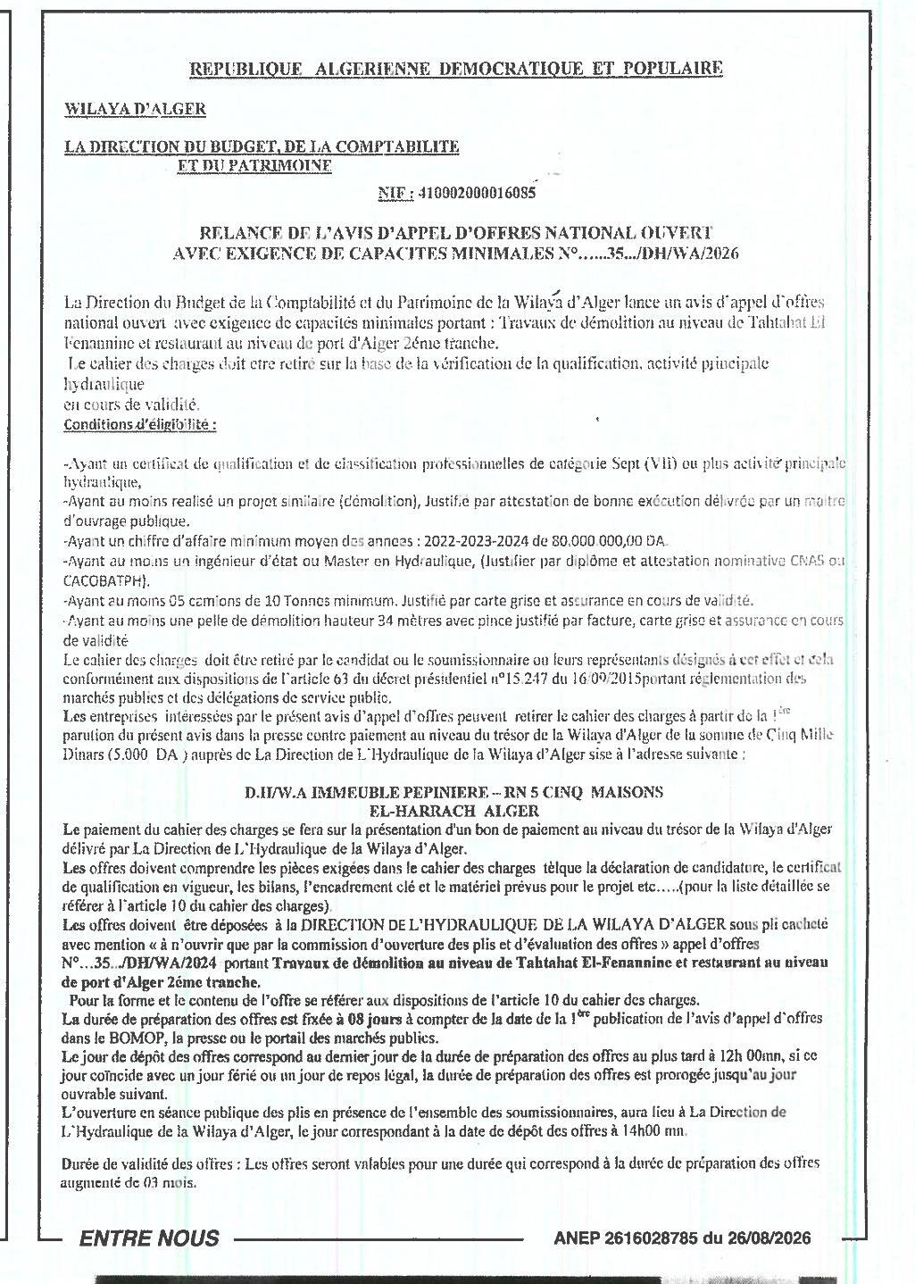 Appel d'offres national ouvert avec exigence de capacités minimales pour travaux de démolition et de restauration hydraulique