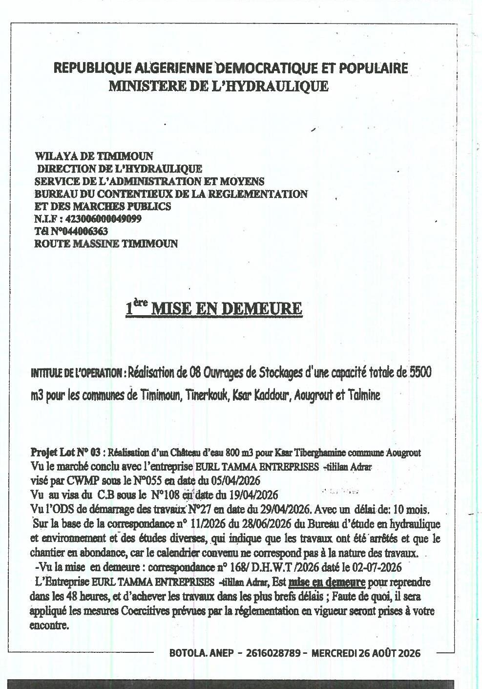 Mise en demeure pour l'arrêt des travaux de réalisation d'ouvrages de stockage d'eau