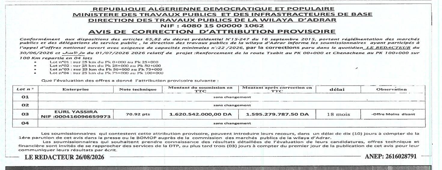 Avis de correction d'attribution provisoire