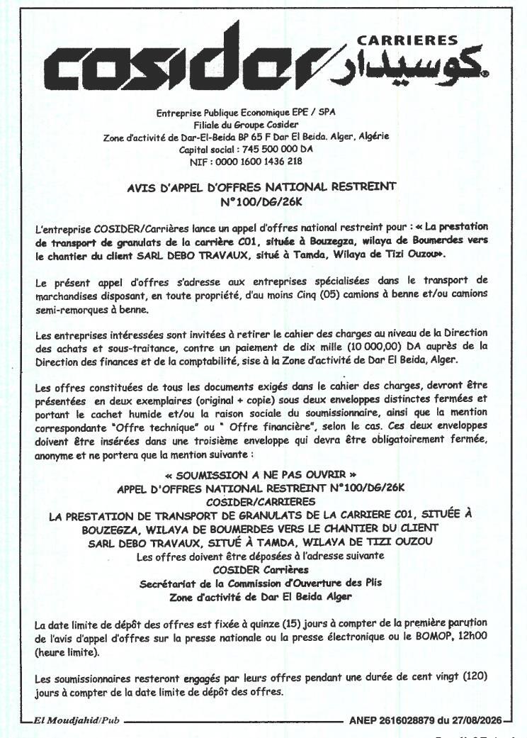Prestation de transport de granulats de la carrière C01 vers le chantier SARL DEBO TRAVAUX