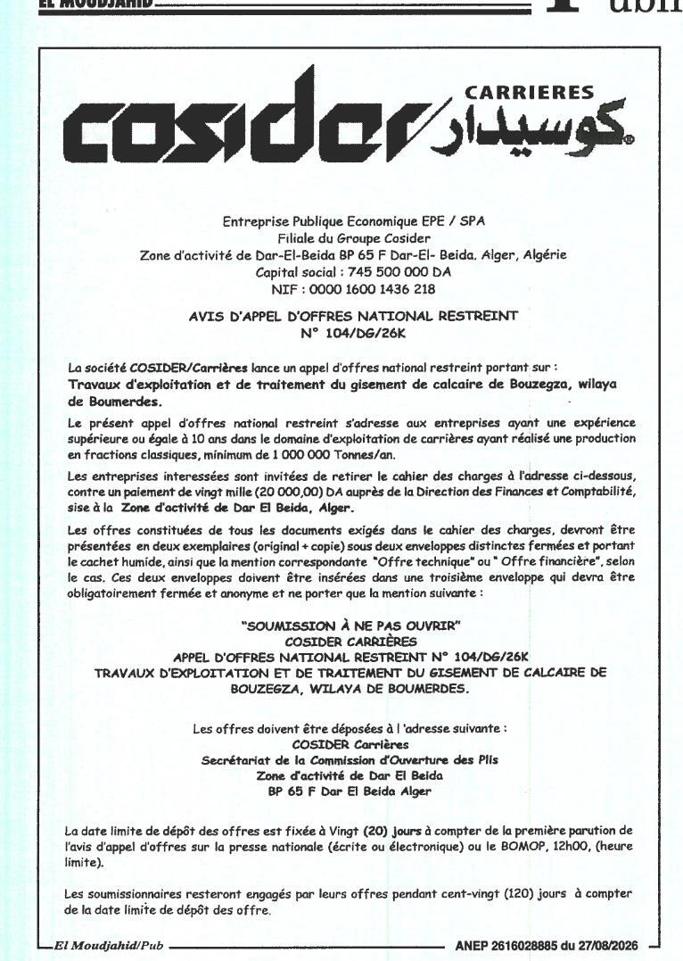 Appel d'offres national restreint pour travaux d'exploitation et de traitement du gisement de calcaire de Bouzegza