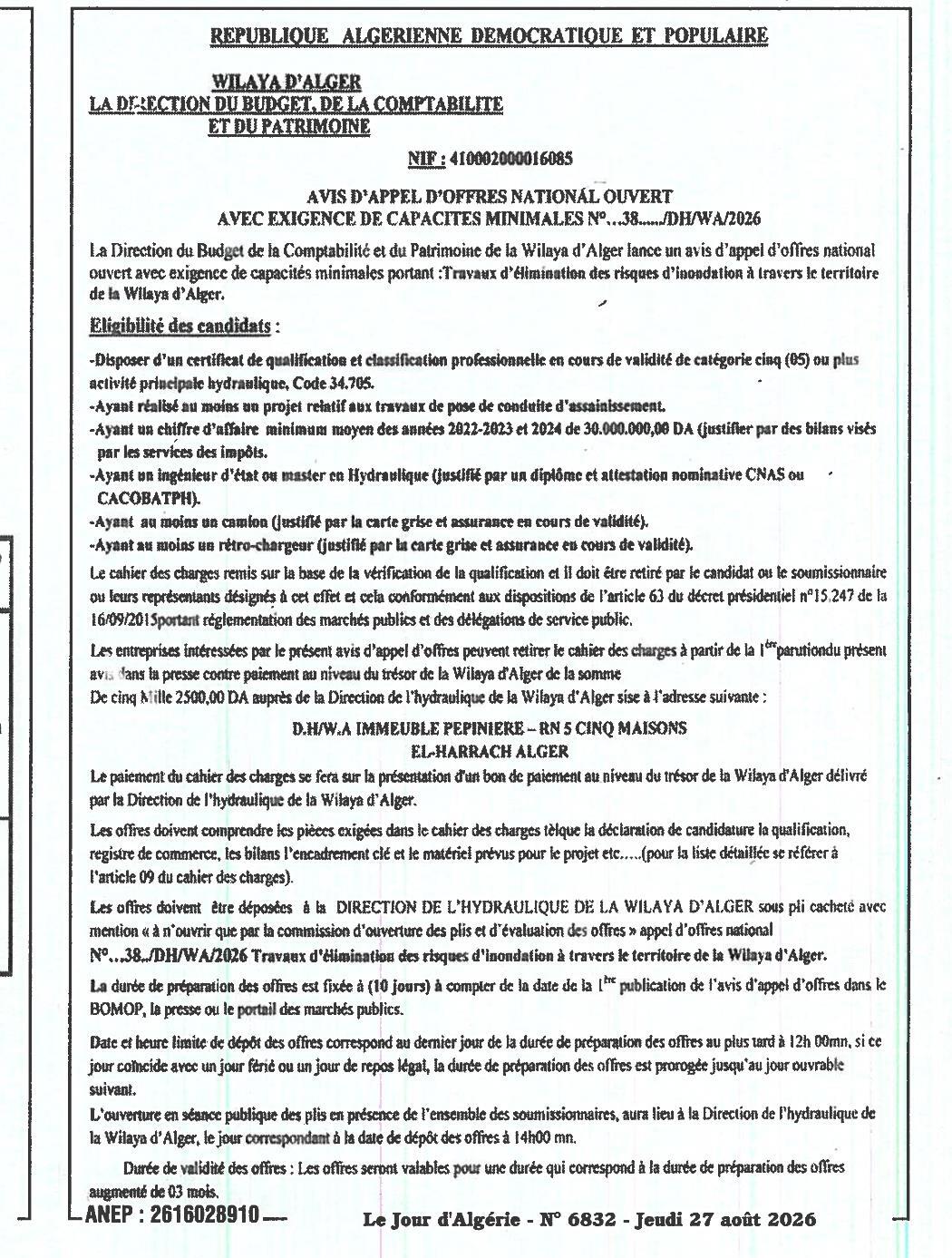 Appel d'offres national ouvert pour travaux d'élimination des risques d'inondation dans la Wilaya d'Alger