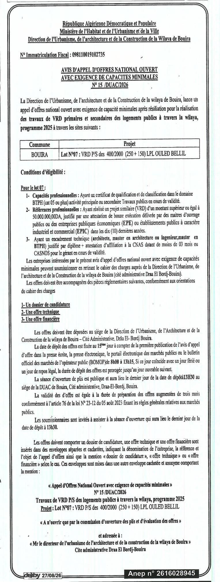 Appel d'offres national ouvert avec exigence de capacités minimales pour la réalisation de travaux de VRD primaires et secondaires des logements publics