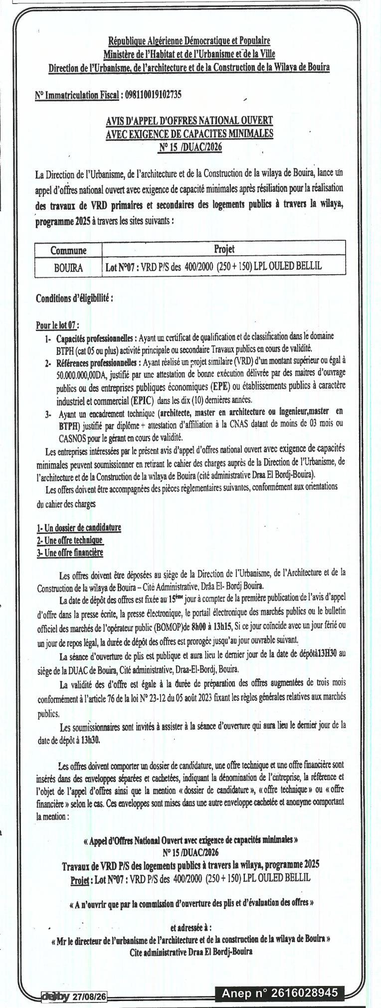 Appel d'offres national ouvert avec exigence de capacités minimales pour la réalisation de travaux de VRD primaires et secondaires des logements publics
