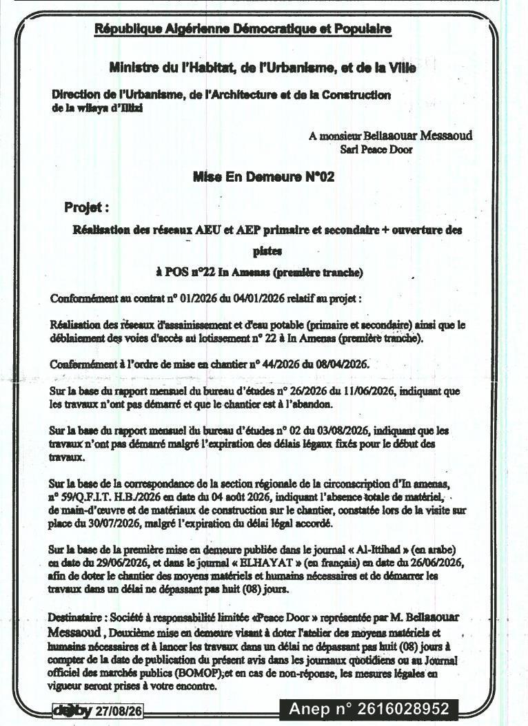 Mise en demeure relative à la réalisation des réseaux AEU et AEP primaire et secondaire + ouverture des pistes à POS n°22 In Amenas (première tranche)