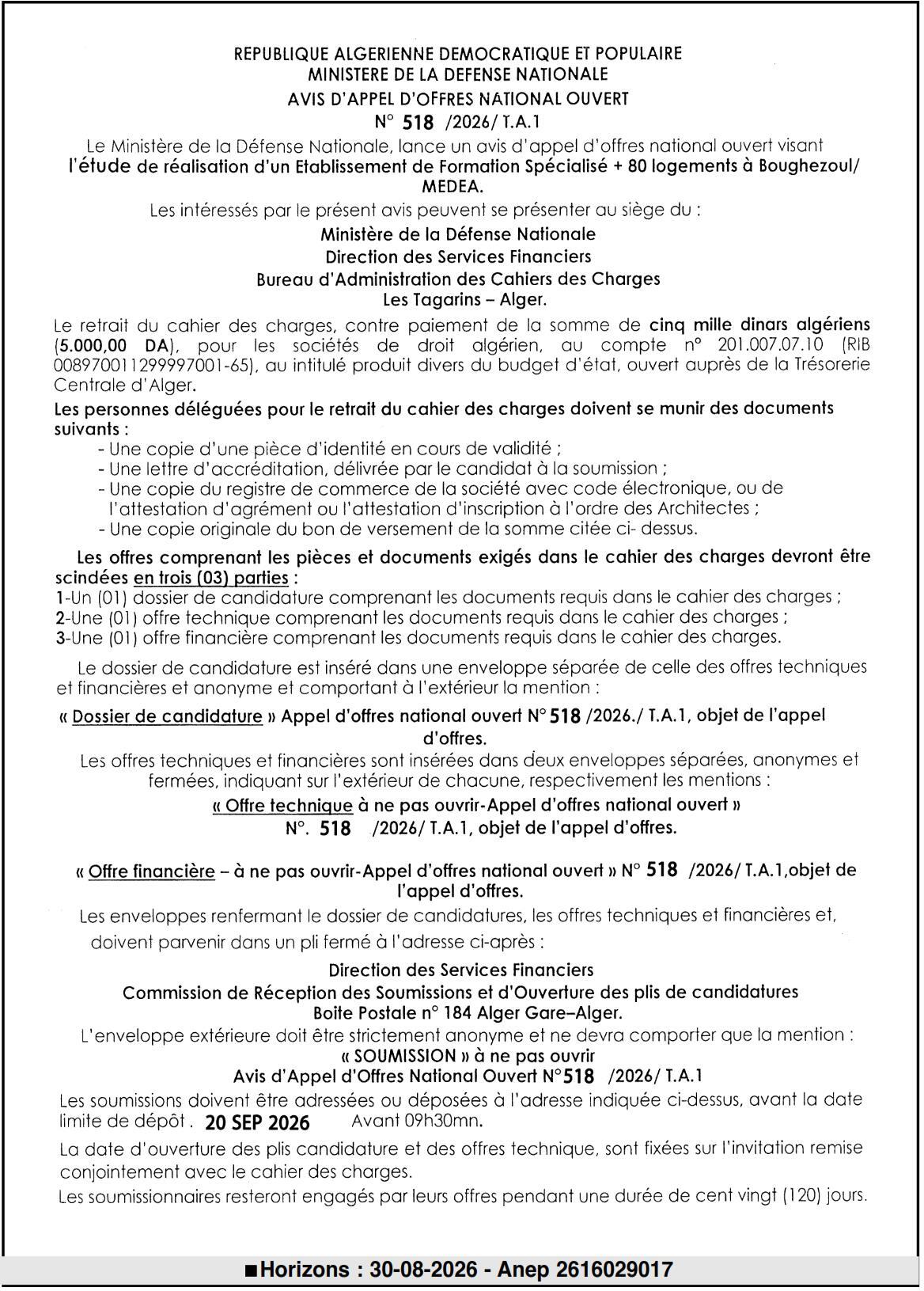Appel d'offres national ouvert pour l'étude de réalisation d'un établissement de formation spécialisé et 80 logements à Boughezoul (Médéa)