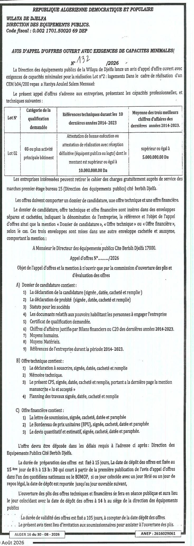Appel d'offres ouvert pour la réalisation de logements (Lot n°2) dans le cadre de la construction d'un CSM à Haniya Aouled Salem Messaad