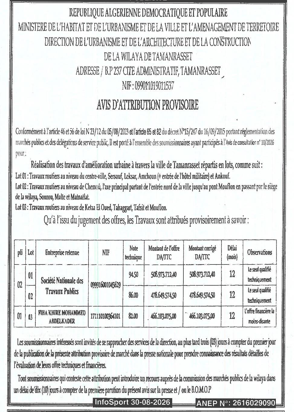 Attribution provisoire des travaux d'amélioration urbaine à Tamanrasset
