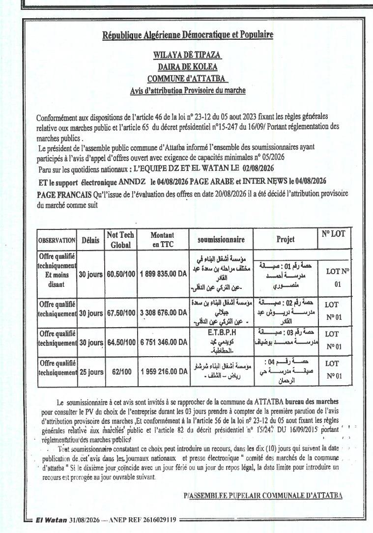 إعلان عن منح مؤقت للمشروع
