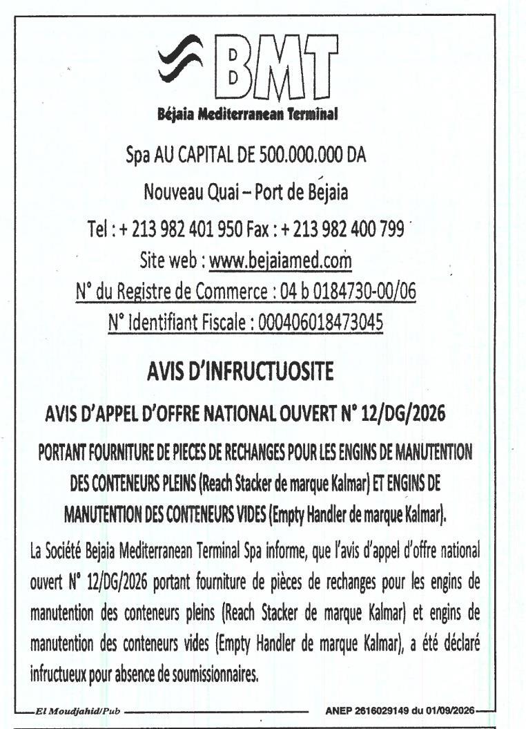 Avis d'infructuosité pour fourniture de pièces de rechange pour engins de manutention