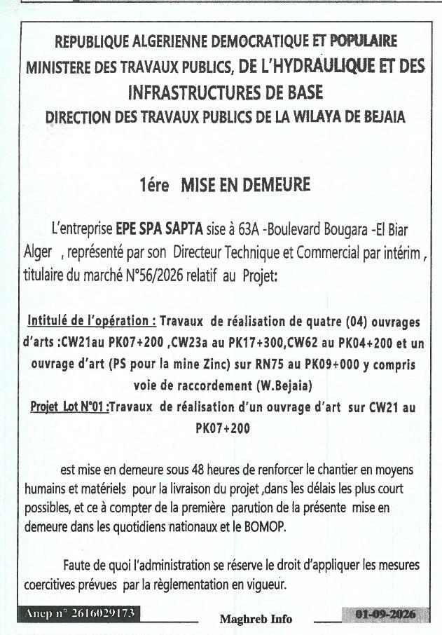 Mise en demeure pour le projet de réalisation de quatre ouvrages d'art sur la RN75 (Lot N°01 : ouvrage d'art CW21 au PK07+200)