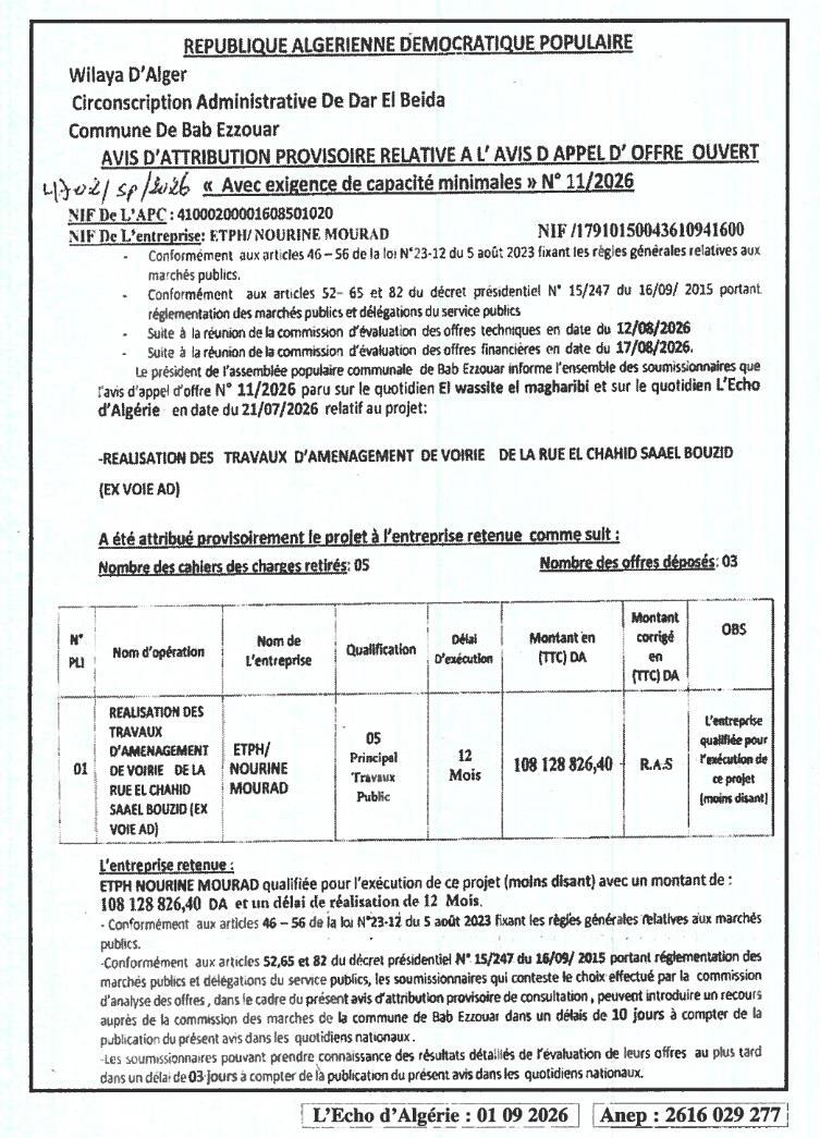 Avis d'attribution provisoire pour la réalisation des travaux d'aménagement de voirie de la rue El Chahid Saael Bouzid (ex voie AD)