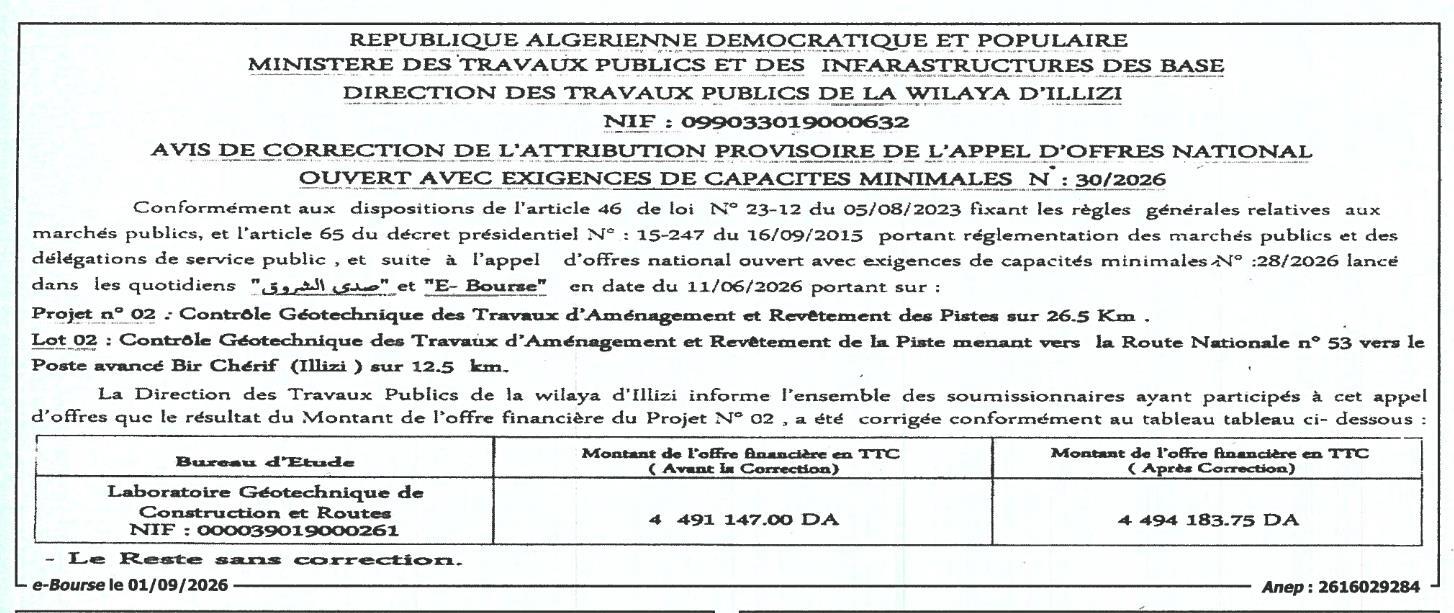 Avis de correction de l'attribution provisoire