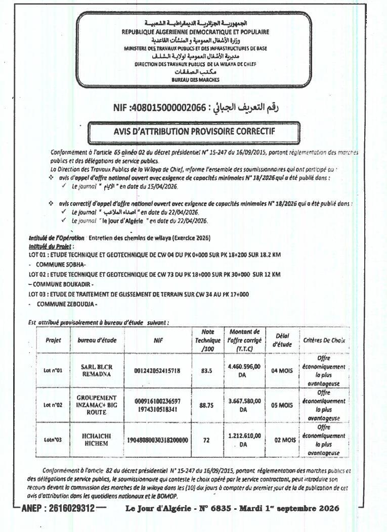 Avis d'attribution provisoire correctif pour l'entretien des chemins de wilaya (exercice 2026)