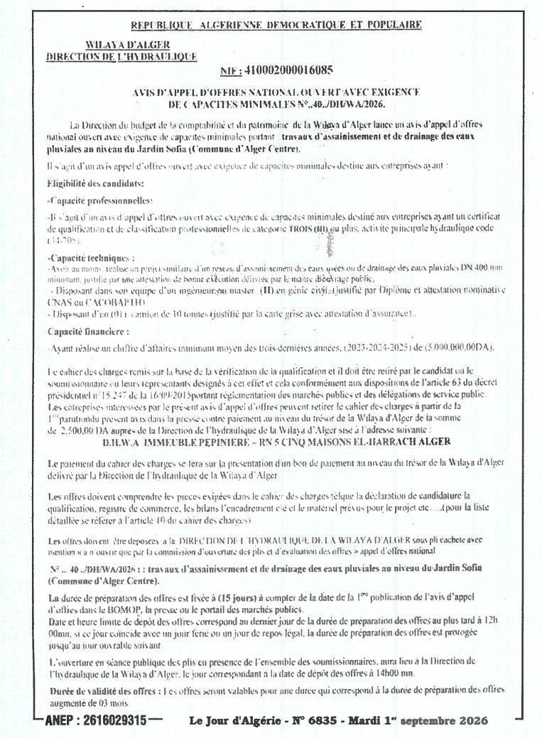 Appel d'offres national ouvert pour travaux d'assainissement et de drainage des eaux pluviales au Jardin Sofia (Alger Centre)