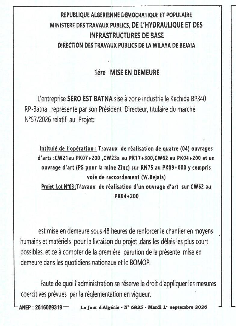 Mise en demeure relative aux travaux de réalisation d'ouvrages d'art sur la RN75 dans la wilaya de Béjaïa