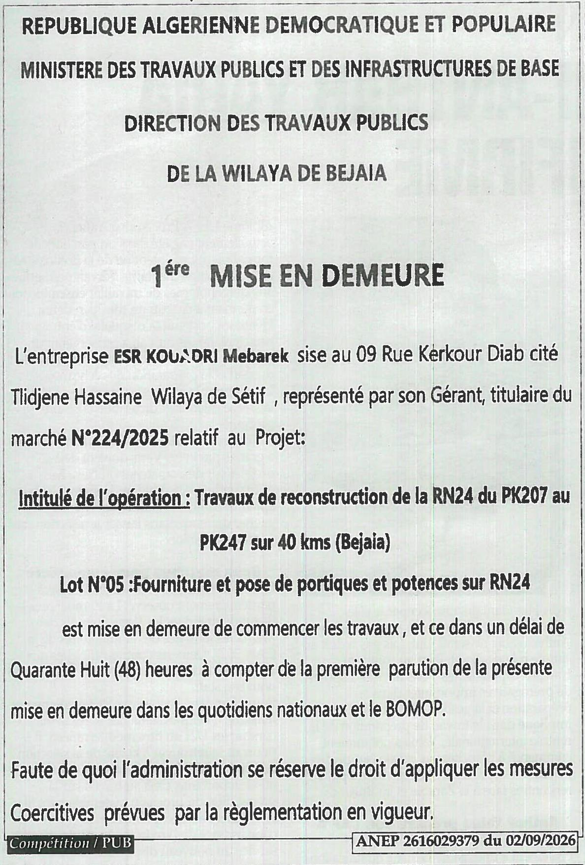 Mise en demeure pour travaux de reconstruction de la RN24 (Lot N°05 : fourniture et pose de portiques et potences)