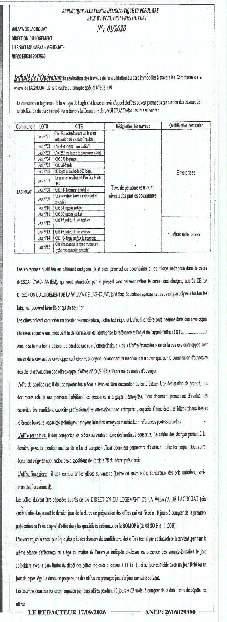 Appel d'offres pour la réhabilitation du parc immobilier dans la wilaya de Laghouat