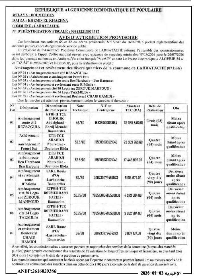 Avis d'attribution provisoire pour l'aménagement et le revêtement de plusieurs quartiers de la commune de Larbatache