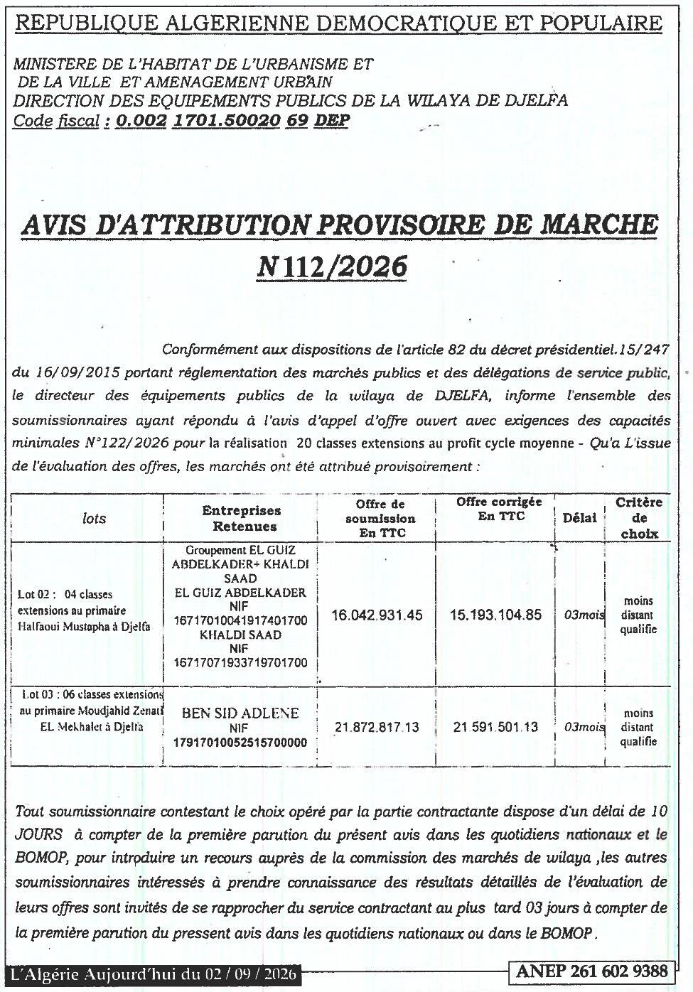 Avis d'attribution provisoire pour la réalisation de classes extensions