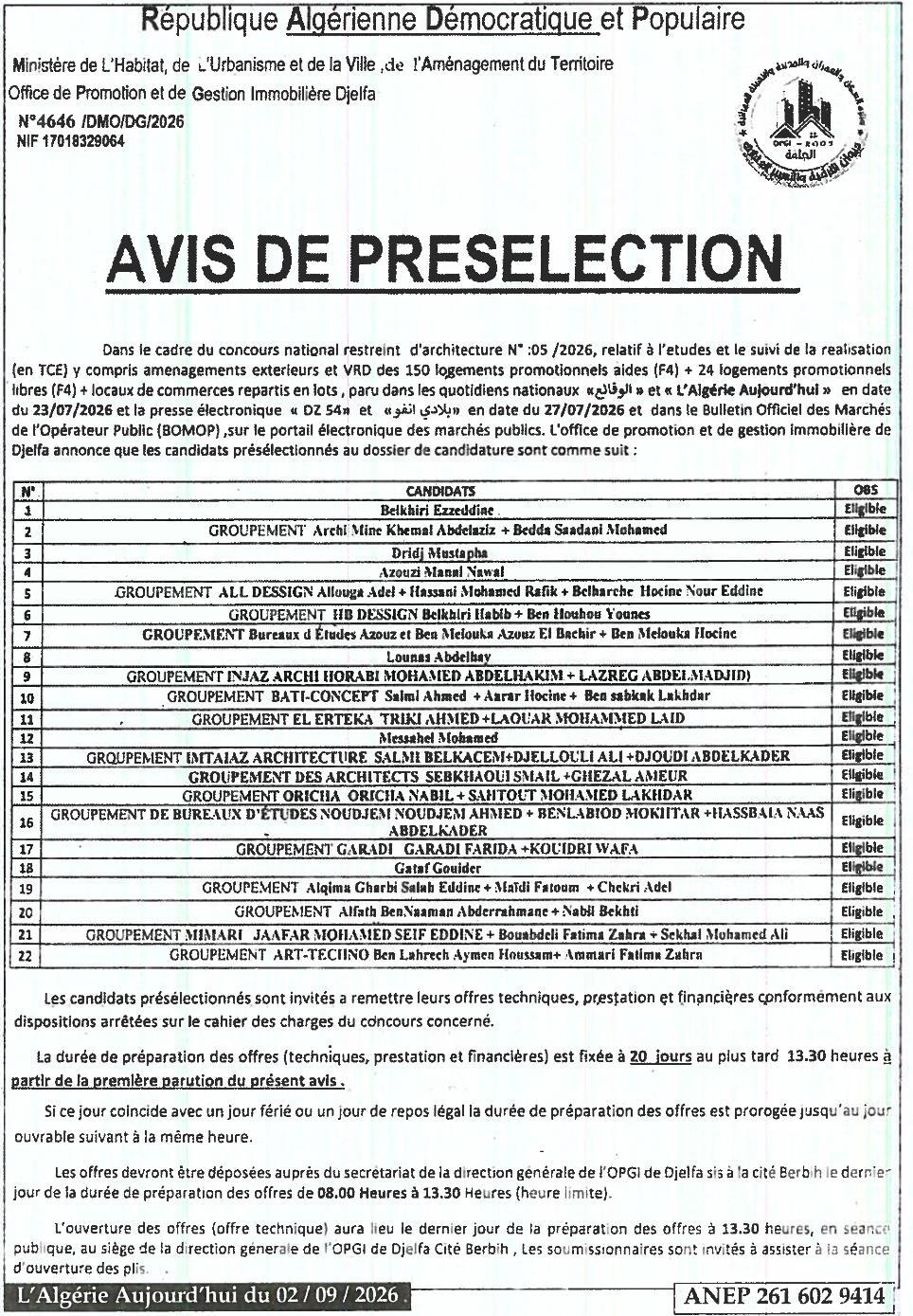 Avis de présélection pour l'étude et le suivi de réalisation de logements promotionnels