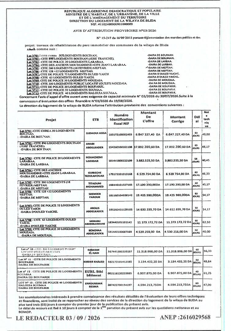 Avis d'attribution provisoire des travaux de réhabilitation du parc immobilier des communes de la wilaya de Blida