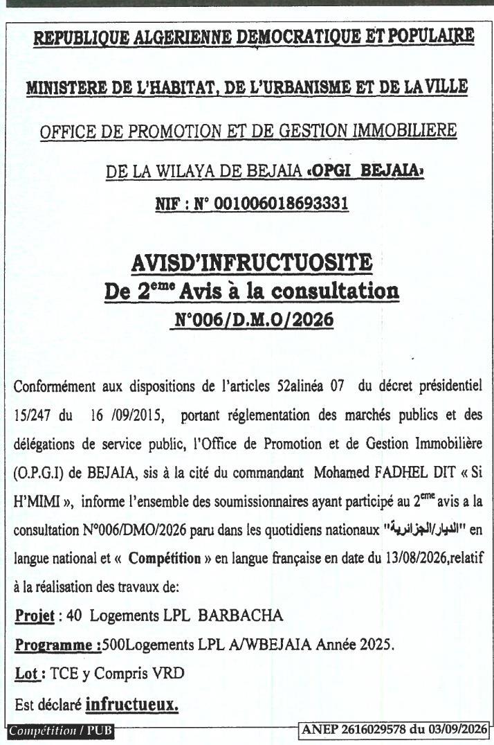 Avis d'infructuosité - Réalisation de 40 logements LPL à Barbacha (Lot TCE y compris VRD)