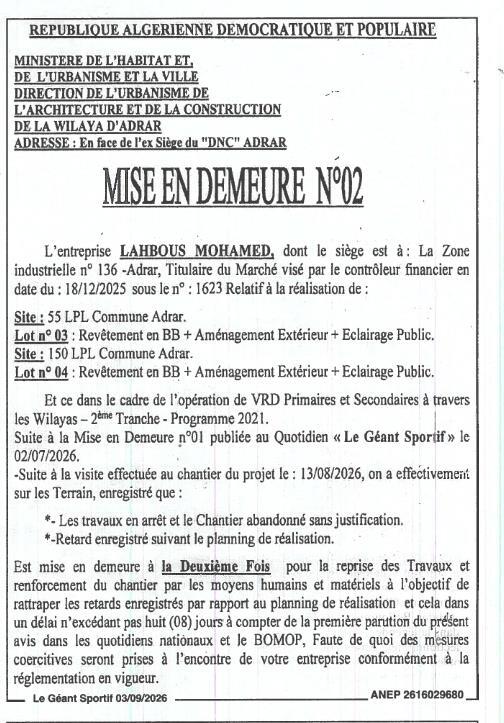 Mise en demeure pour l'abandon de chantier et retard dans la réalisation de travaux de VRD