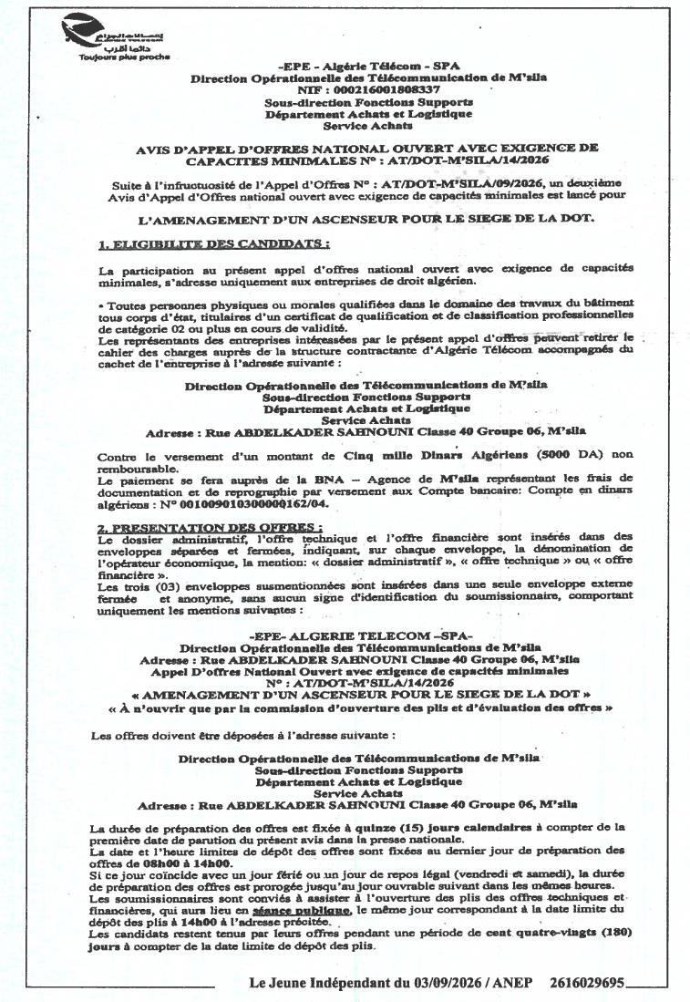 Aménagement d'un ascenseur pour le siège de la DOT